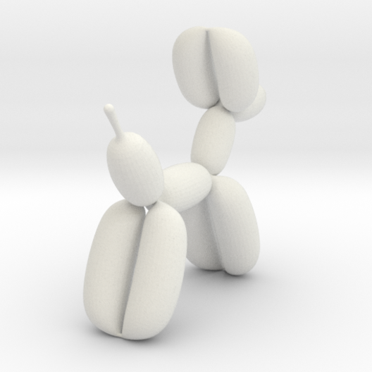 A 3D printed balloon dog, in white plastic