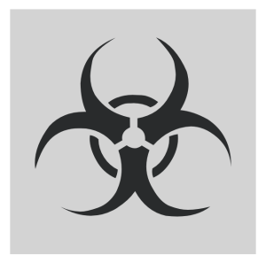A black biohazard symbol on a light grey background.