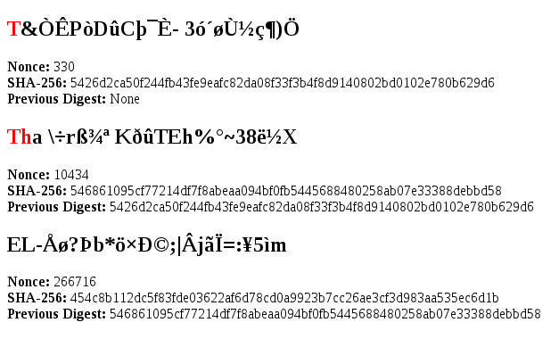 A list of random strings of characters, each matching one more letter than the last