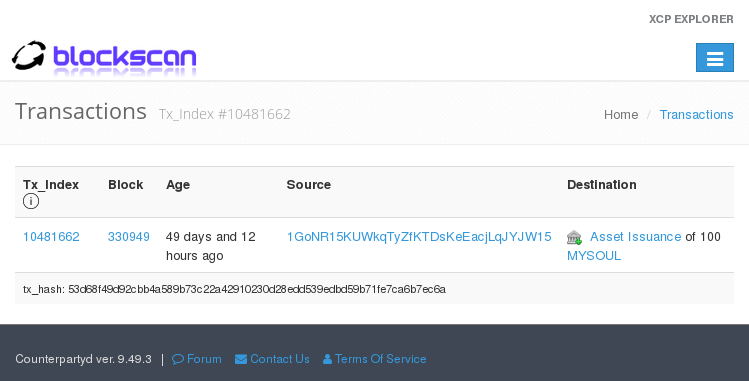 A Dogeparty block explorer showing the MYSOUL token