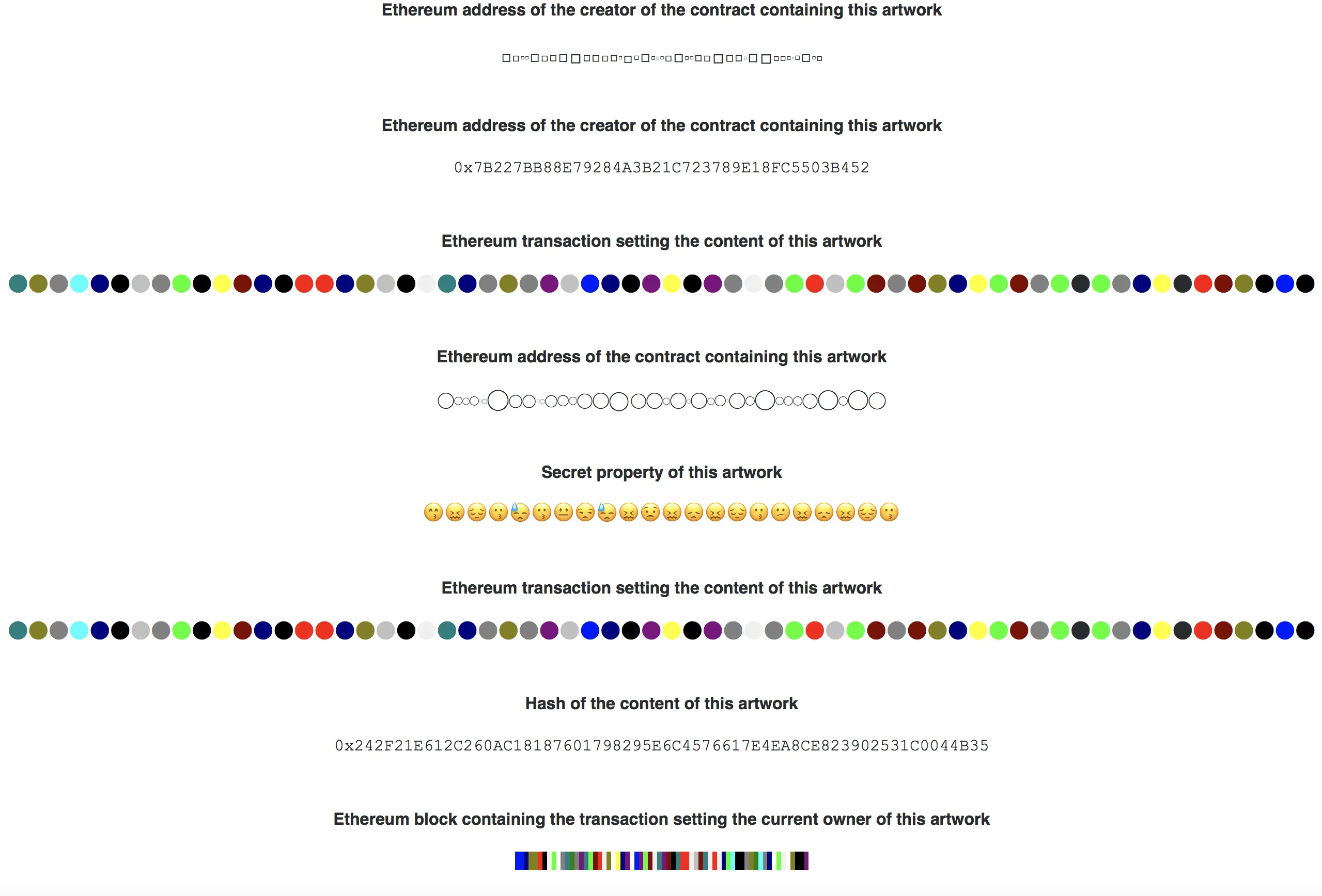 Information about an NFT in different formats: numbers, coloured spots, etc.