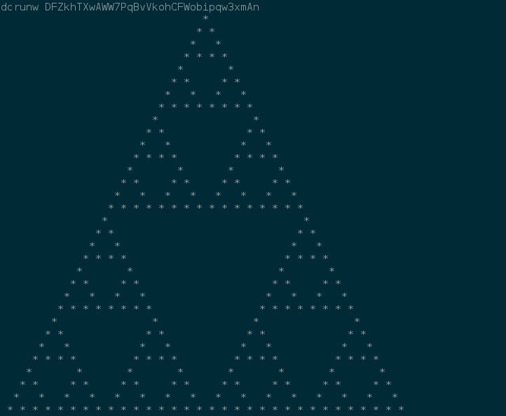 A Sierpinkski triangle rendered in asterisks in a computer terminal from a program at a Dogecoin address