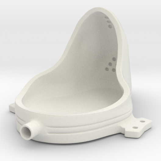 A 3D printed urinal lying on its back, in white plastic