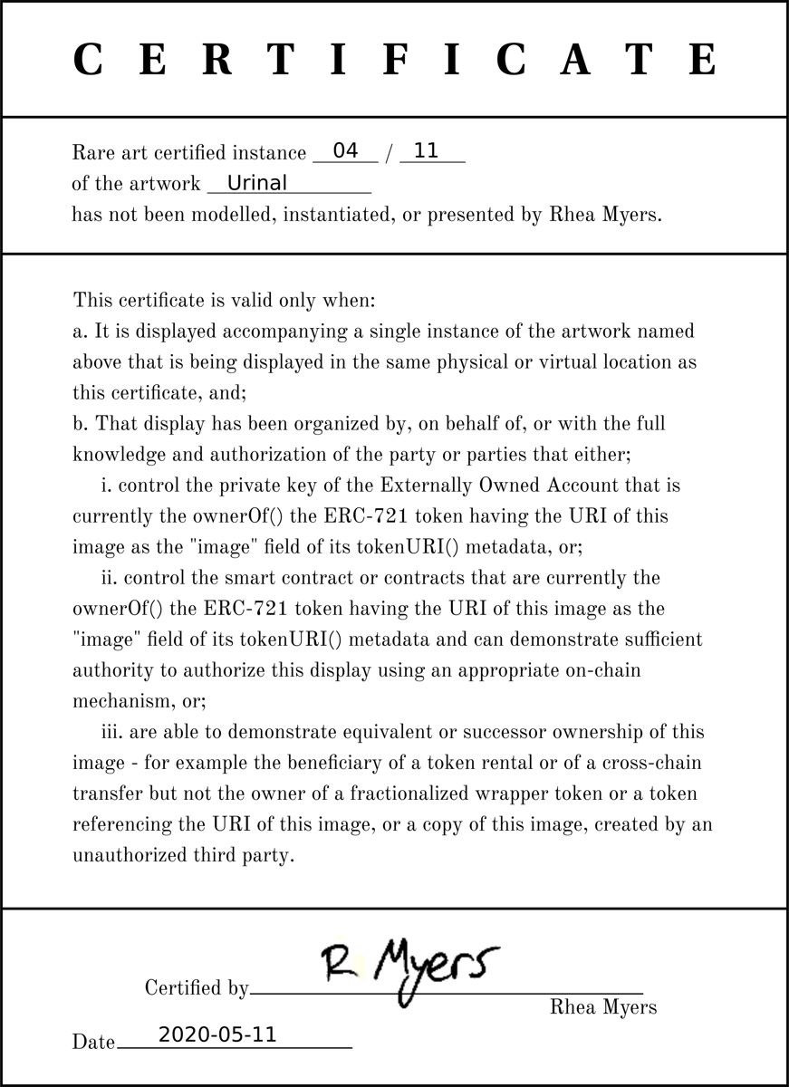 Rhea Myers, Certificate of Inauthenticity: Urinal, 2020, ERC-721 token