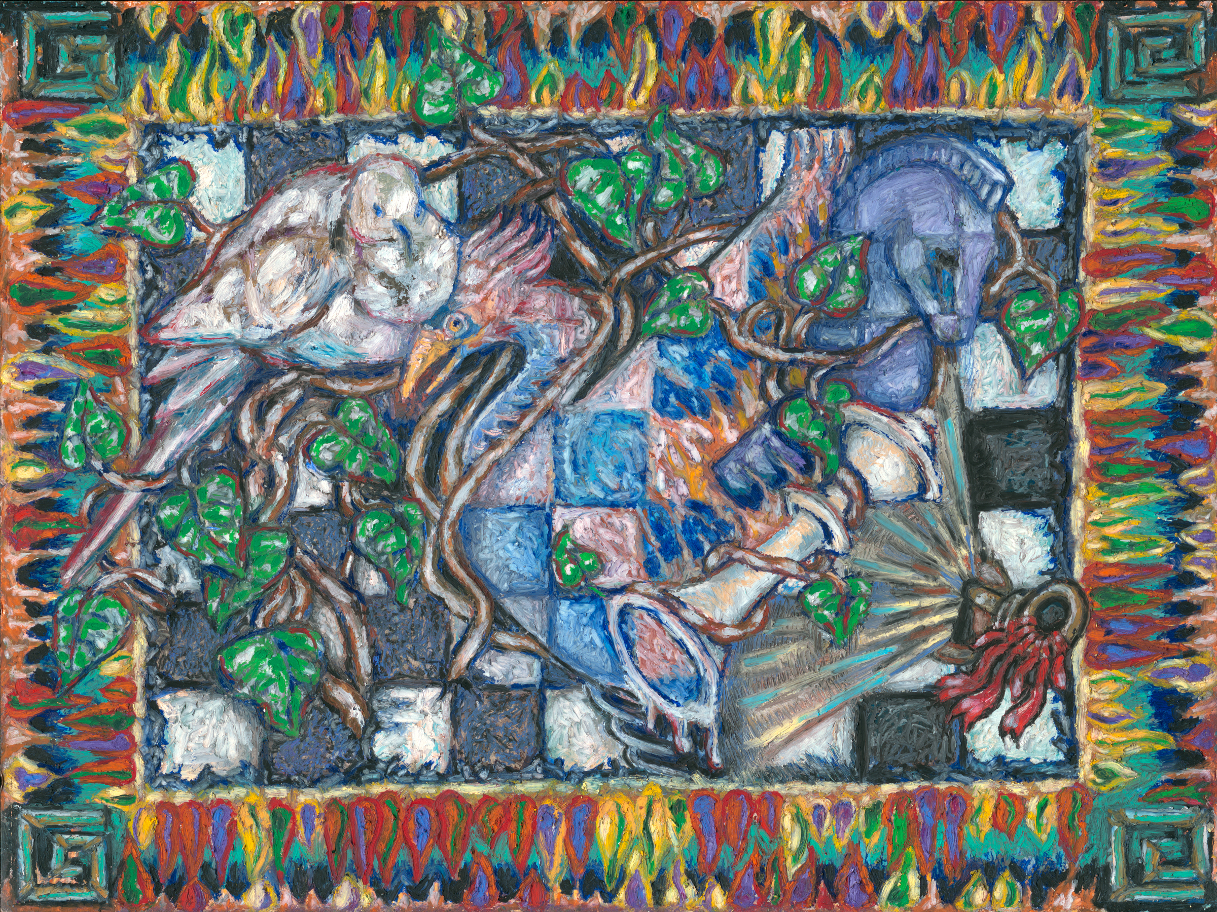 A painting of a chessboard with pieces and doves superimposed on it, surrounded by a border of small coloured flames.
