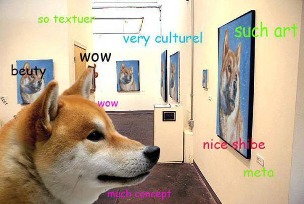 A shiba inu in a gallery, amazed by the art. Wow.